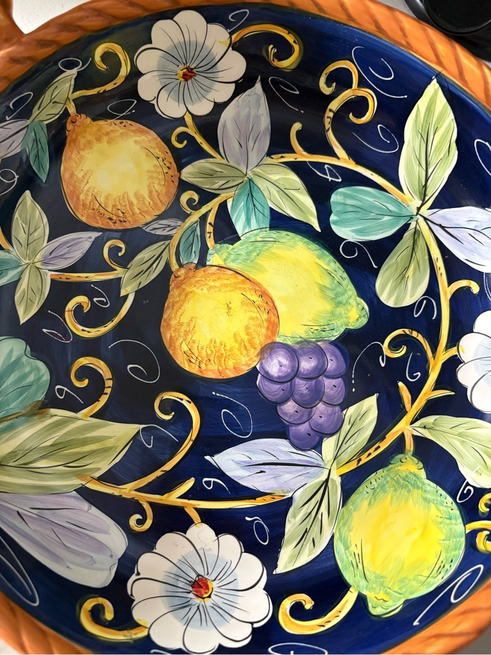 Hand-Painted Lemon Ceramic Serving Bowl - Navy & Orange - Picture 2 of 3
